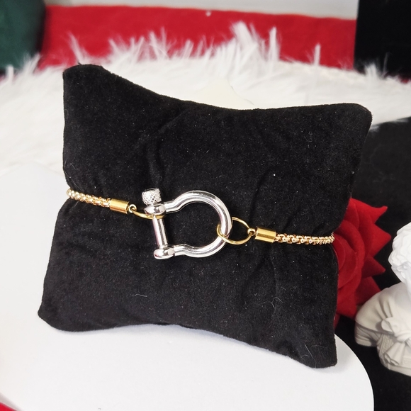 Mixed Metal Carabiner Bracelet Gold Box Chain Horseshoe Shackle Minimalist Chic - Picture 2 of 6